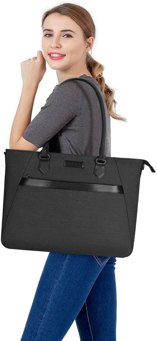 Woman Laptop Tote Bag Up to 17.3 inch Water Repellent PU & Polyester Work Business School College Travel Shoulder Bag with Front Trapezoid Pocket Compatible with MacBook & Notebook Space Gray