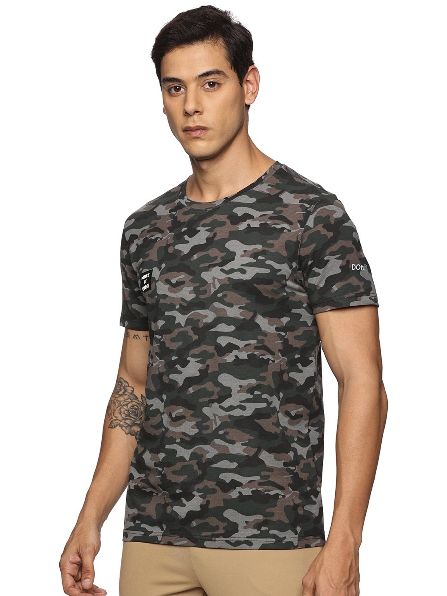 DOMIN8 Men Cotton Regular Fit Round Neck Camouflage Green Sports T-Shirt