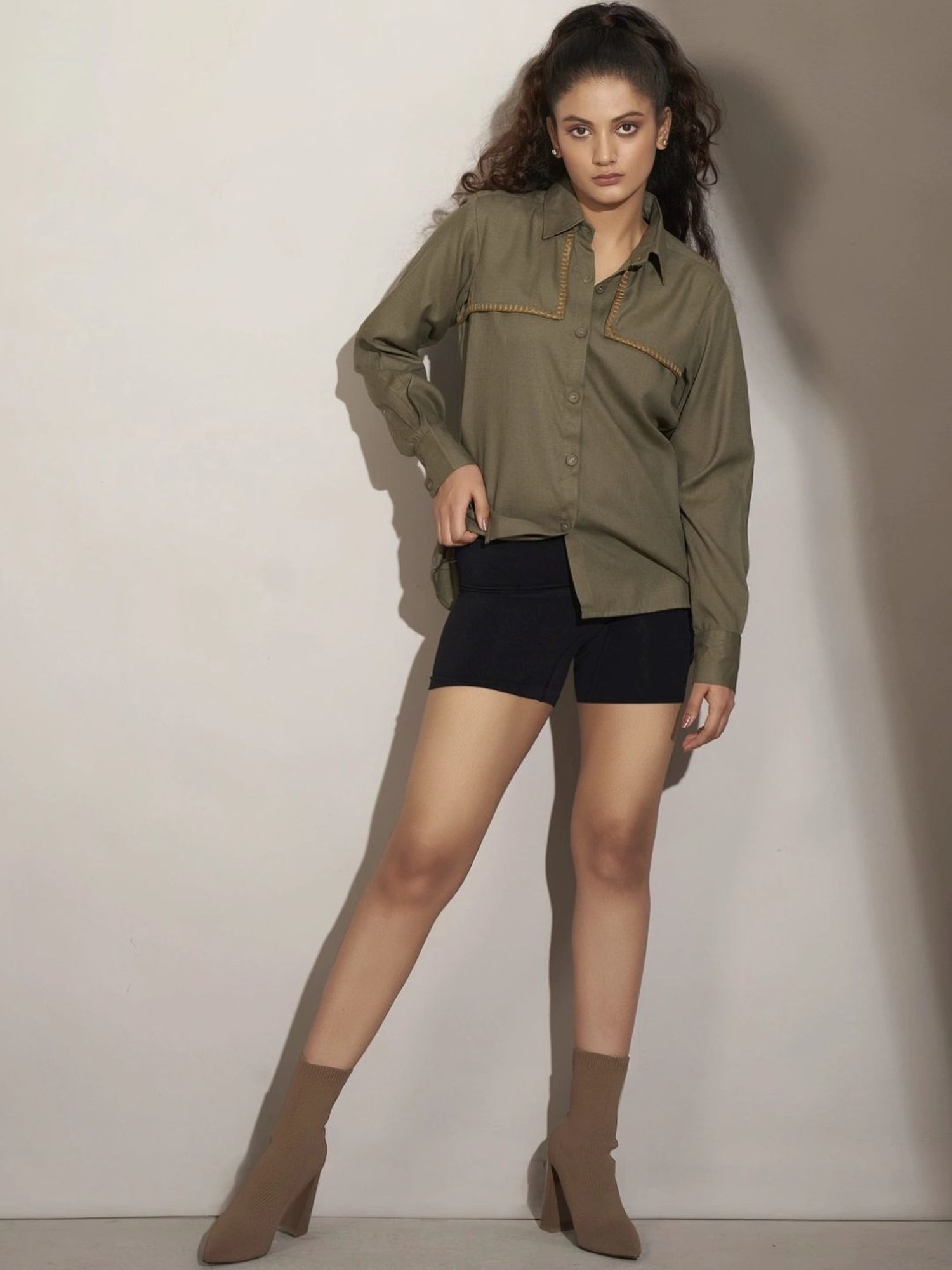 Kaftanize Green Linen Fornt Panel Shirt with Thread Work Embroidery