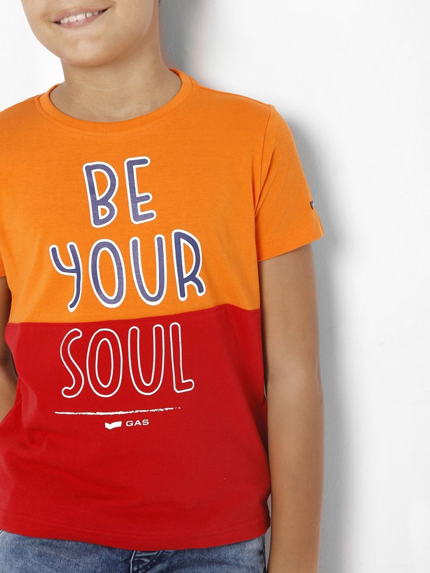 Gas Boys Orange & Red Cotton Color Block T-Shirt