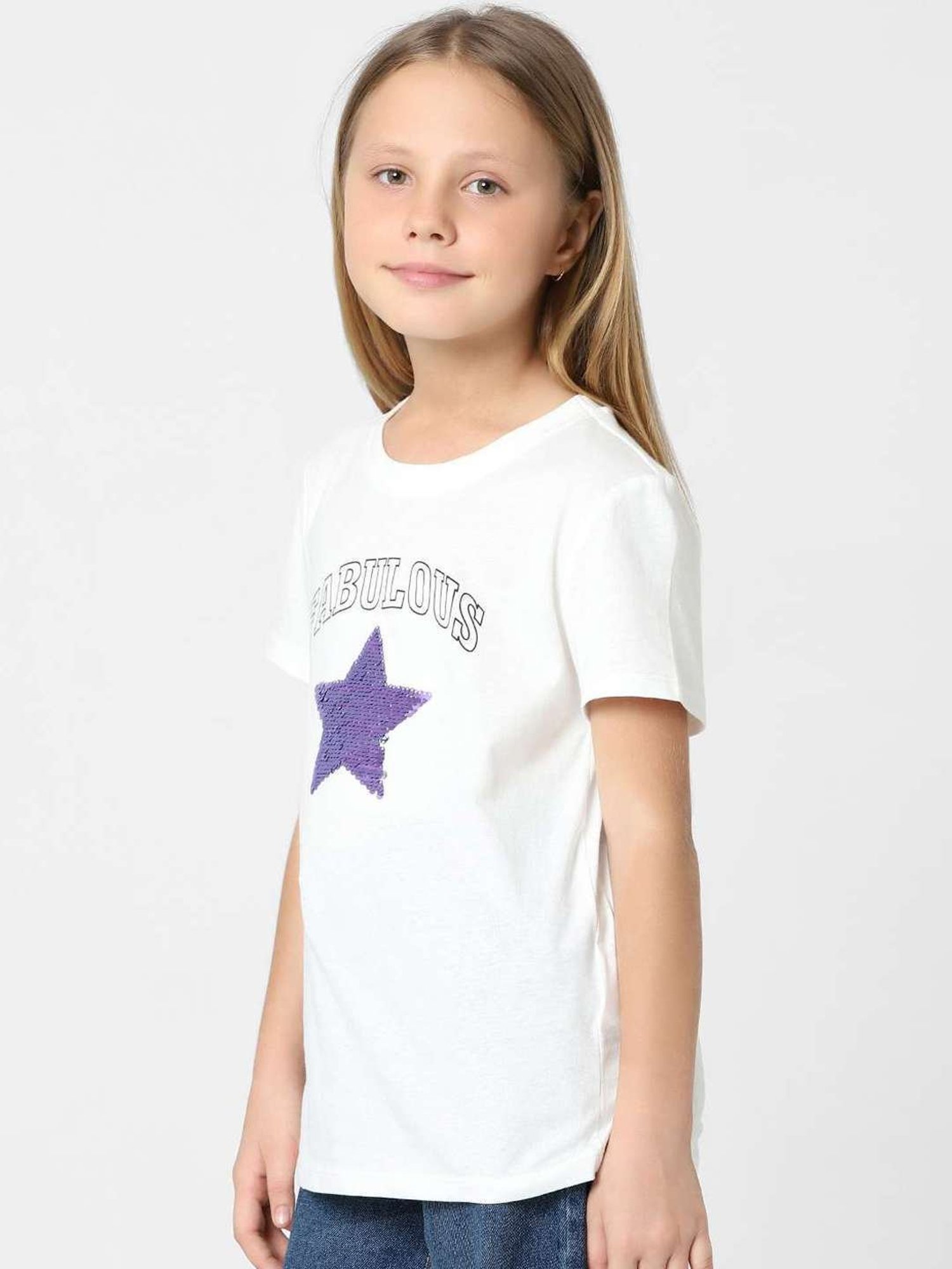 KIDS ONLY White & Purple Cotton Embellished T-Shirt