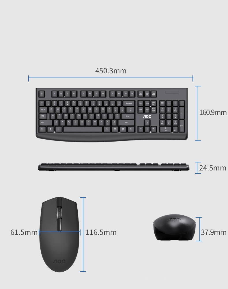 AOC KM220 2.4GHZ Wireless Keyboard and Mouse Combo,Waterproof,Ultra-thin and Power-saving, Low Typing Noise