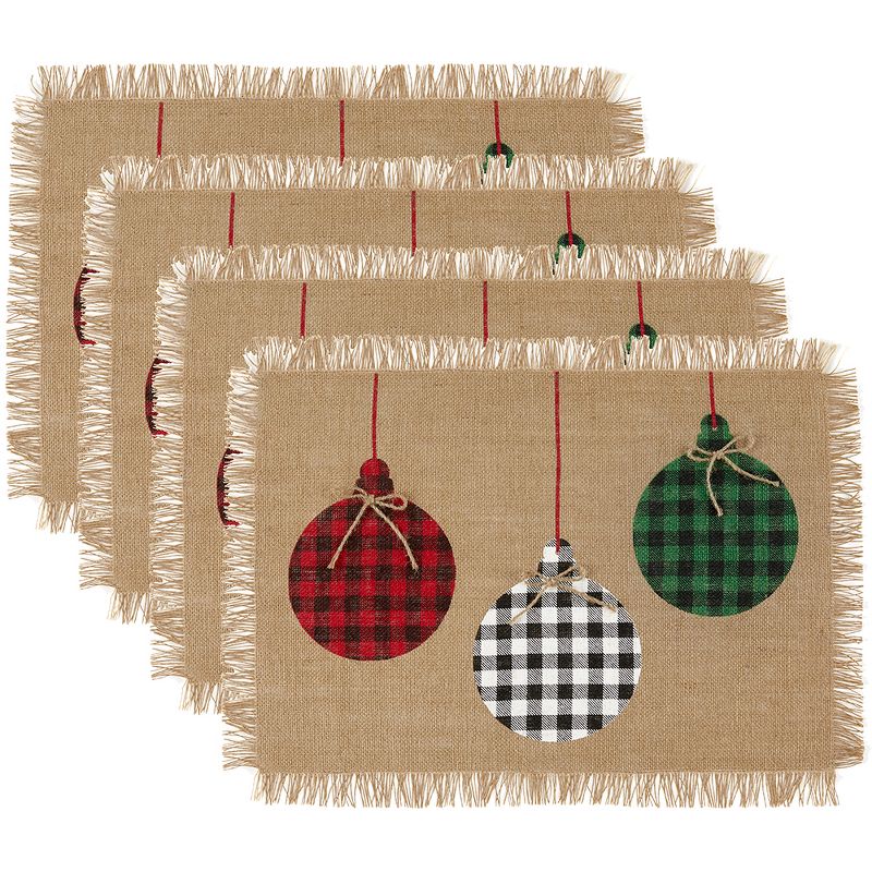 Farmhouse Living Holiday Rustic Ornaments Burlap Placemat, Set of 4 - 13" x 19" - Elrene Home Fashions