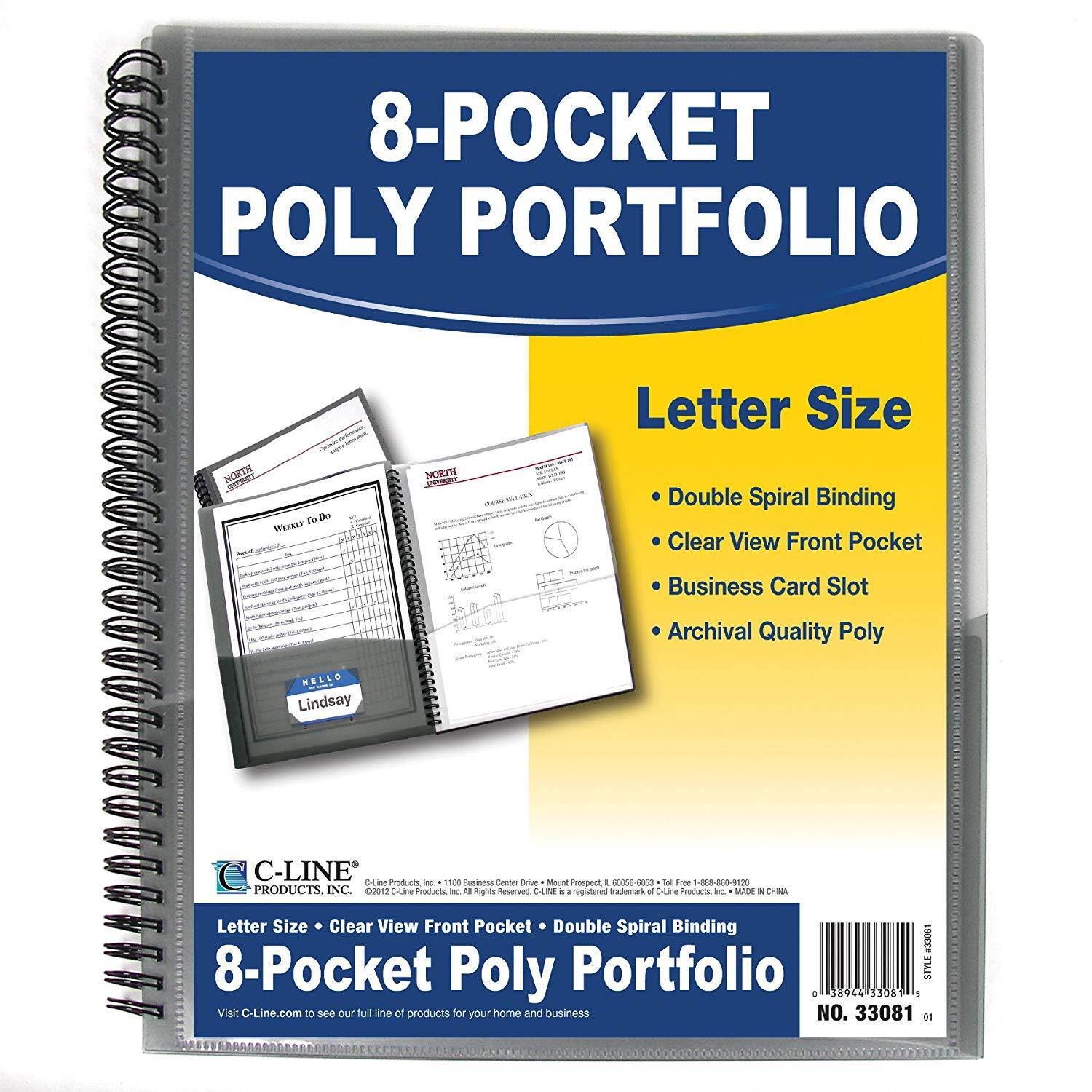 C-Line 8-Pocket Spiral-Bound Poly Portfolio, Letter Size, 1 Portfolio, Smoke Gray (33081)