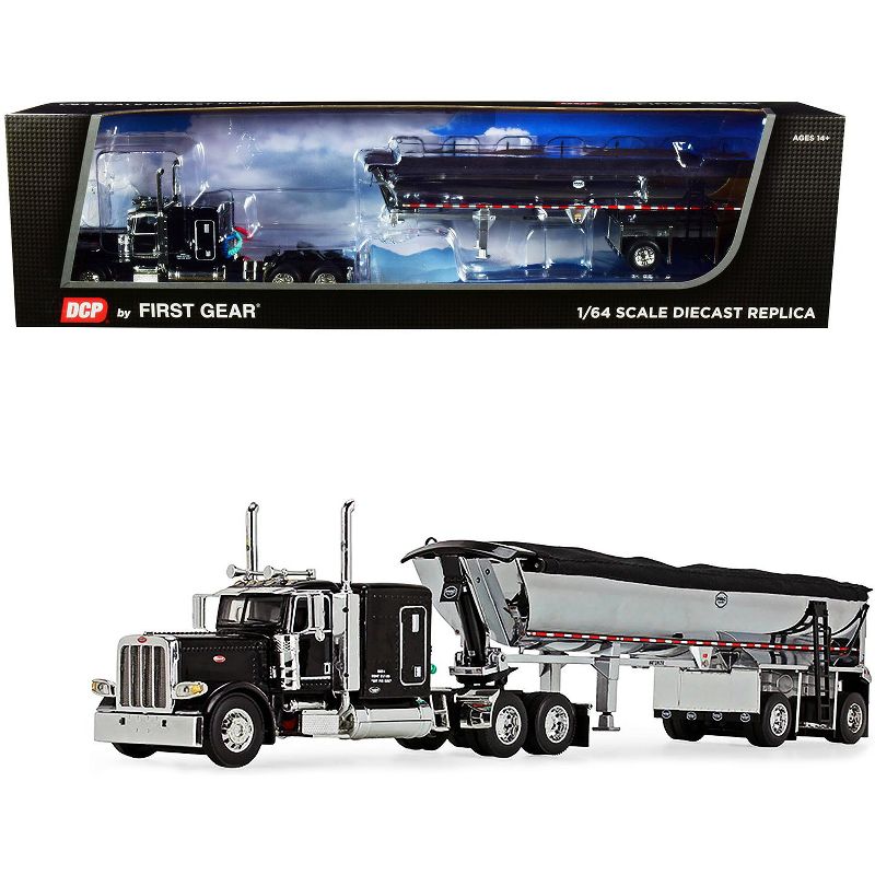 Peterbilt 389 w/ 63" Flattop Sleeper Cab & MAC Half Round End Dump Spread-Axle Trailer w/Tarp Black & Chrome 1/64 DCP/First Gear