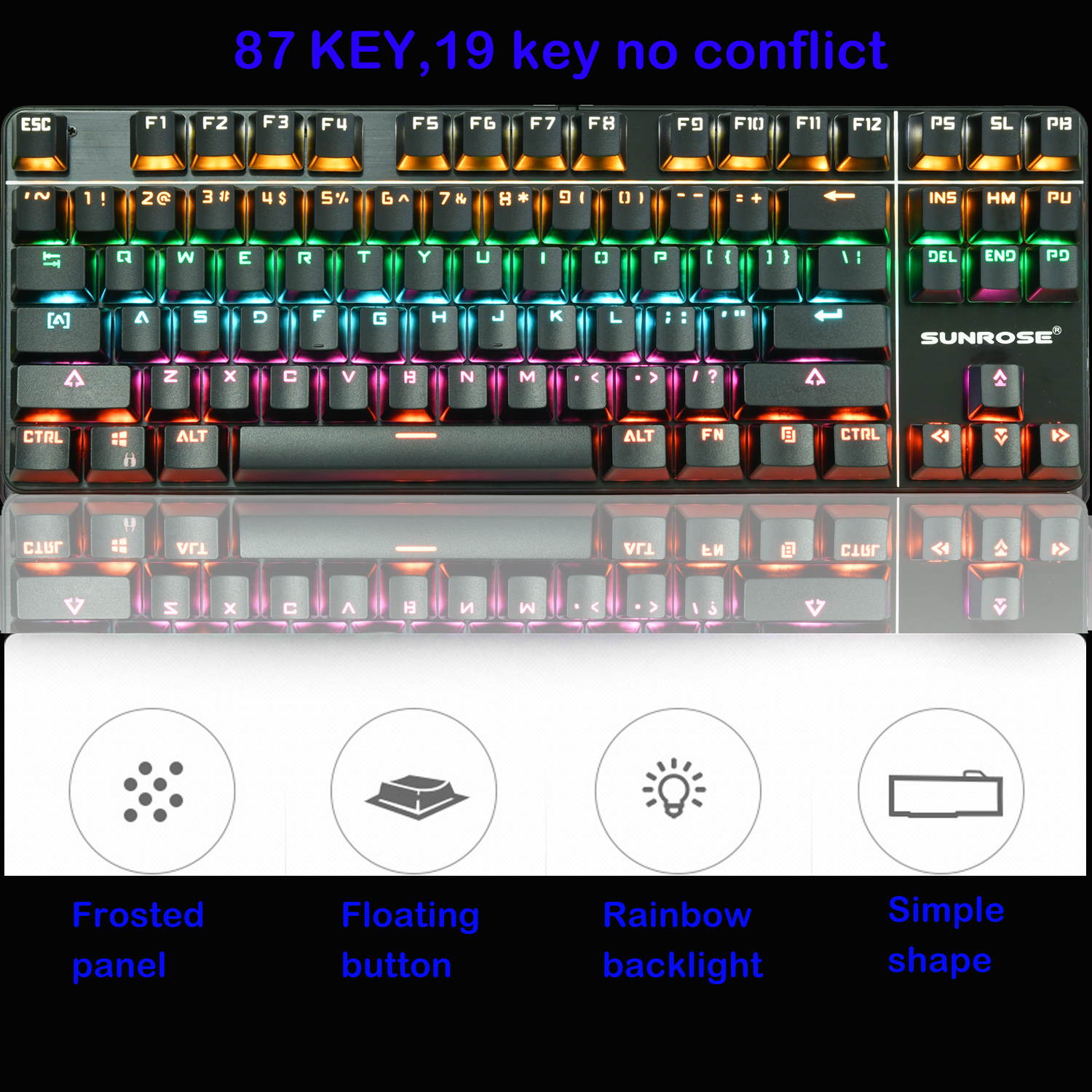 Mechanical Gaming Keyboard 87 Keys Small Compact Rainbow Backlit Spill-Resistant Keyboard USB Wired for PC Laptop Desktop Computer