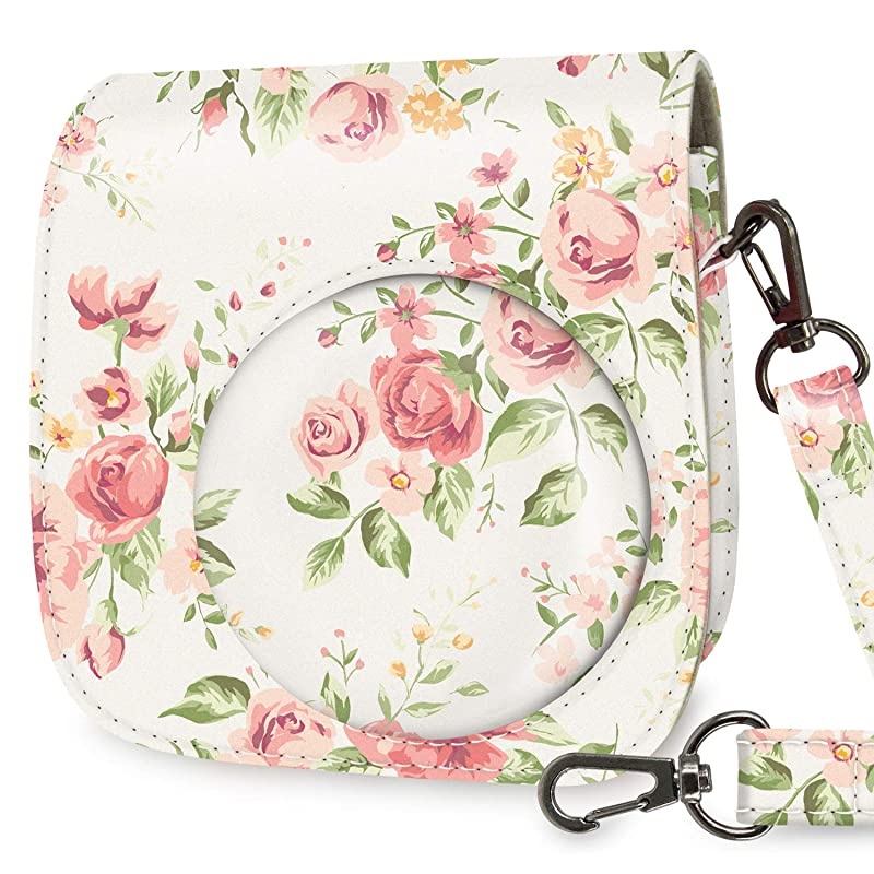 Protective Case Bag Purse Compatible with Fuji Instax Instant Mini 9 Mini 8 Mini 8+ Instant Camera White Vintage Flower Floral