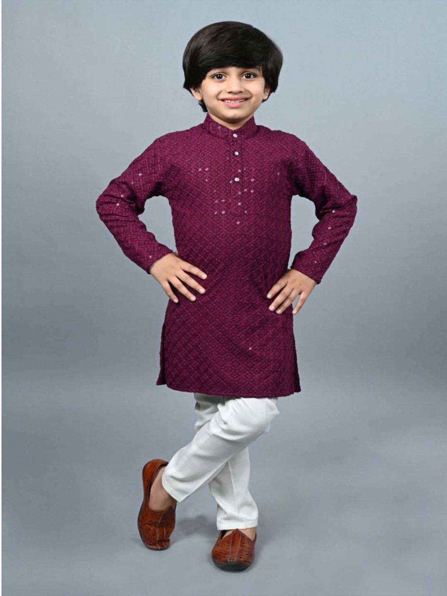 Ahhaaaa Kids Purple & White Cotton Embroidered Full Sleeves Kurta Set