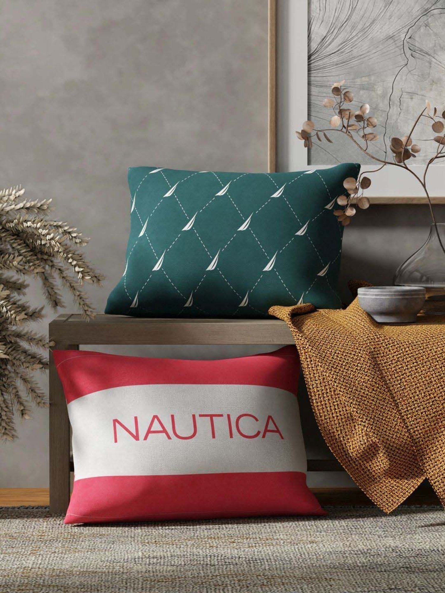 Nautica Logo Stripe Forest Green & Coral Microfibre 300 GSM Premium Cushion Covers - Set of 2