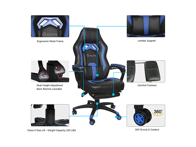 Gaming Chair Office Chair PC Chair with Massage Lumbar Support, Vantage Style PU Leather High Back Adjustable Swivel Task Chair with Footrest,Blue,GC26