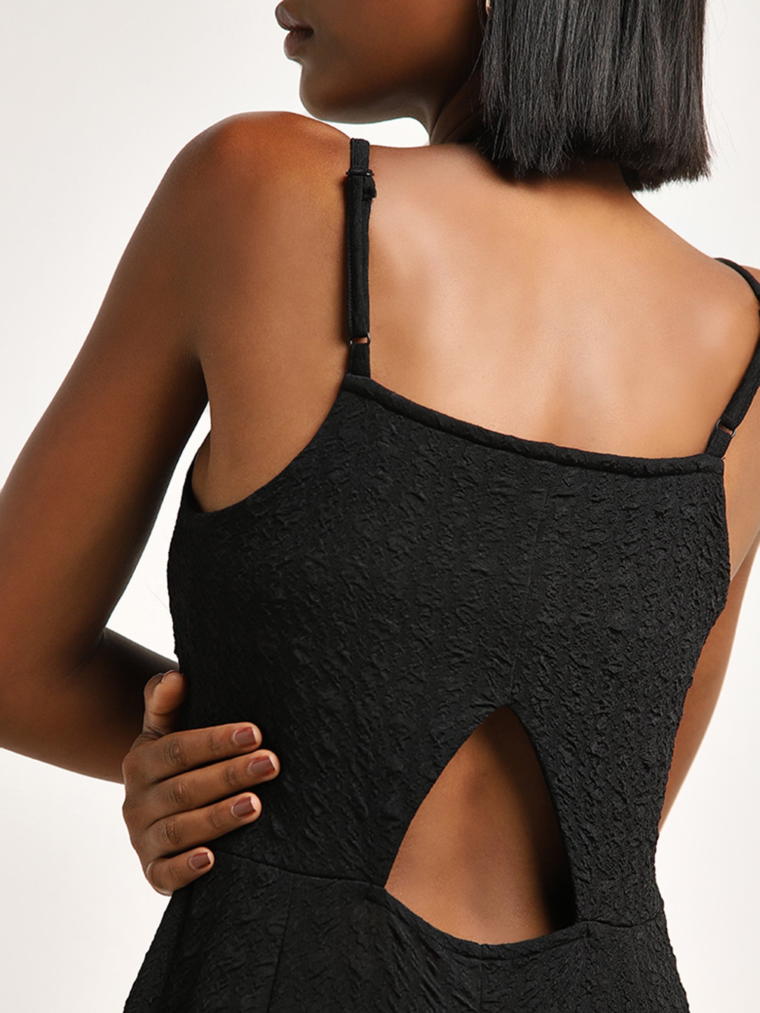 Nuon by Westside Black Textured Cut-Out Jumpsuit