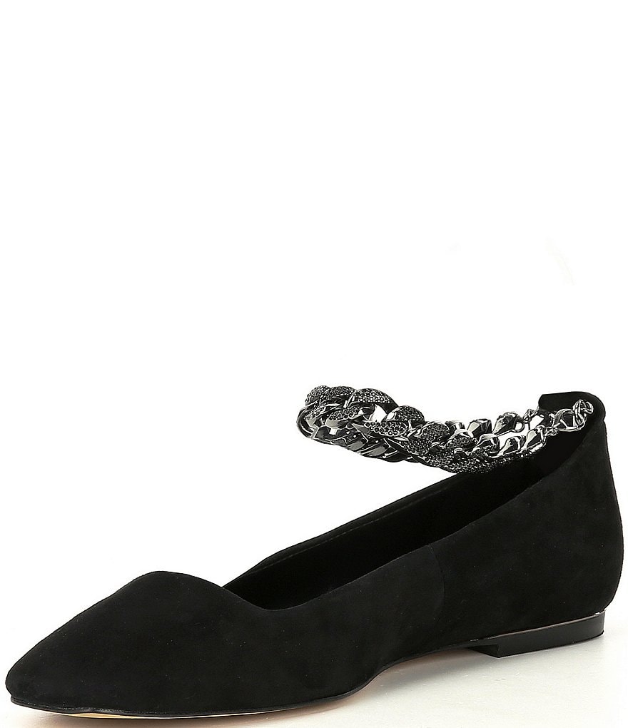 KARL LAGERFELD PARIS Zanna Suede Rhinestone Embellished Ankle Strap Flats