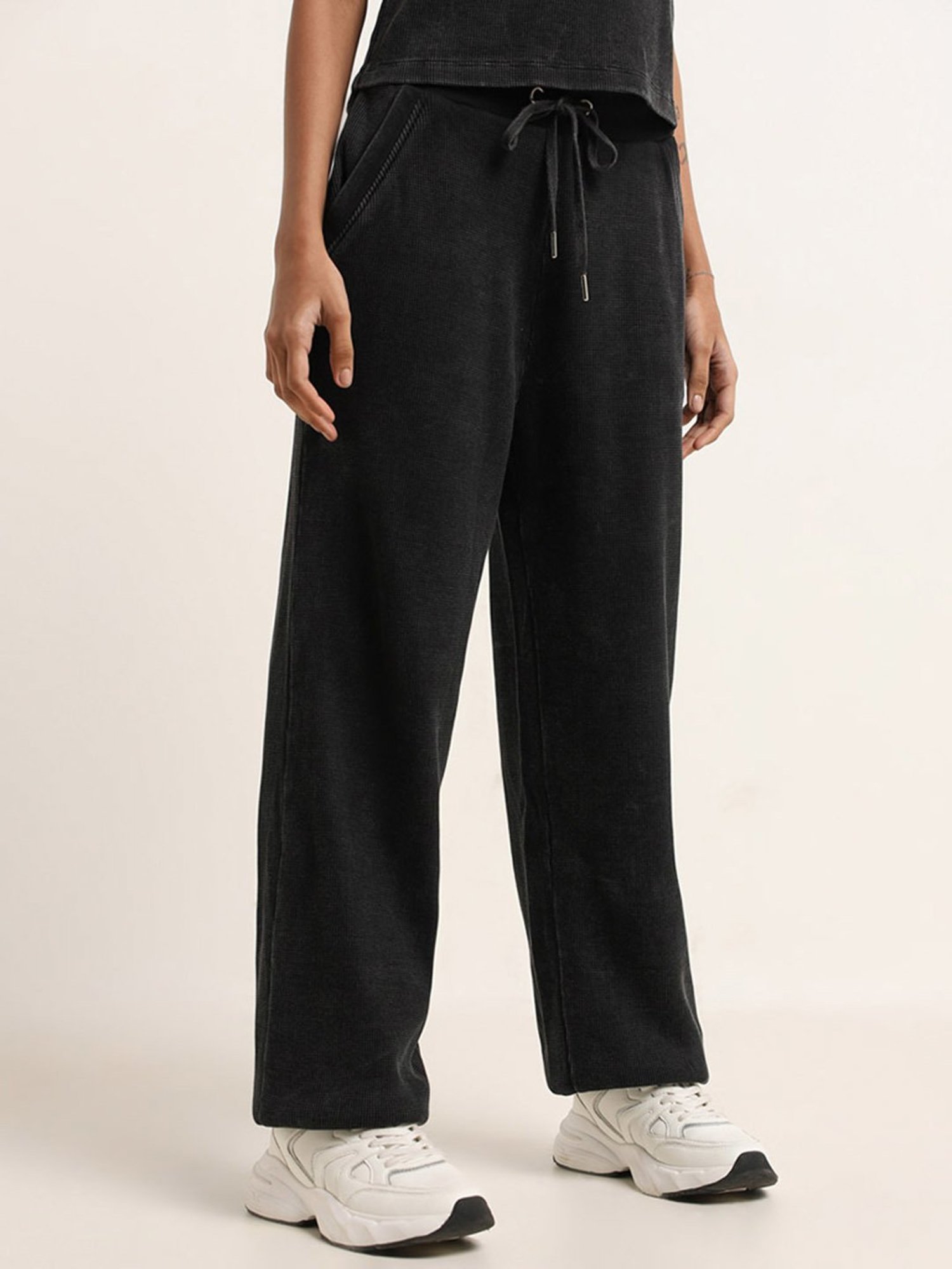 Studiofit by Westside Black Waffle Textured High-Rise Cotton Track Pant