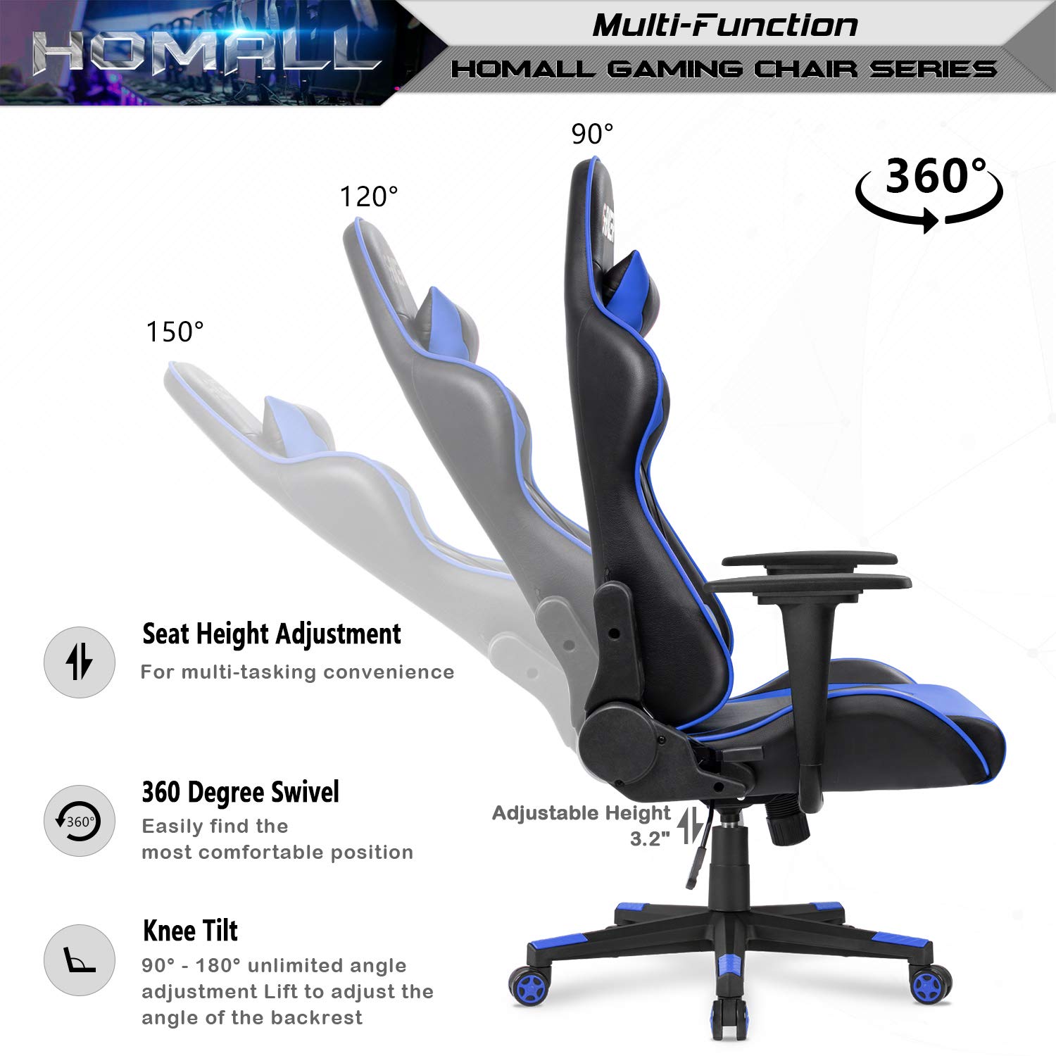 Homall Gaming Chair Office Chair High Back Computer Chair PU Leather Desk Chair Racing Executive Ergonomic Swivel Task Chair, Seat Height Adjustable, with Headrest and Lumbar Support (Blue)