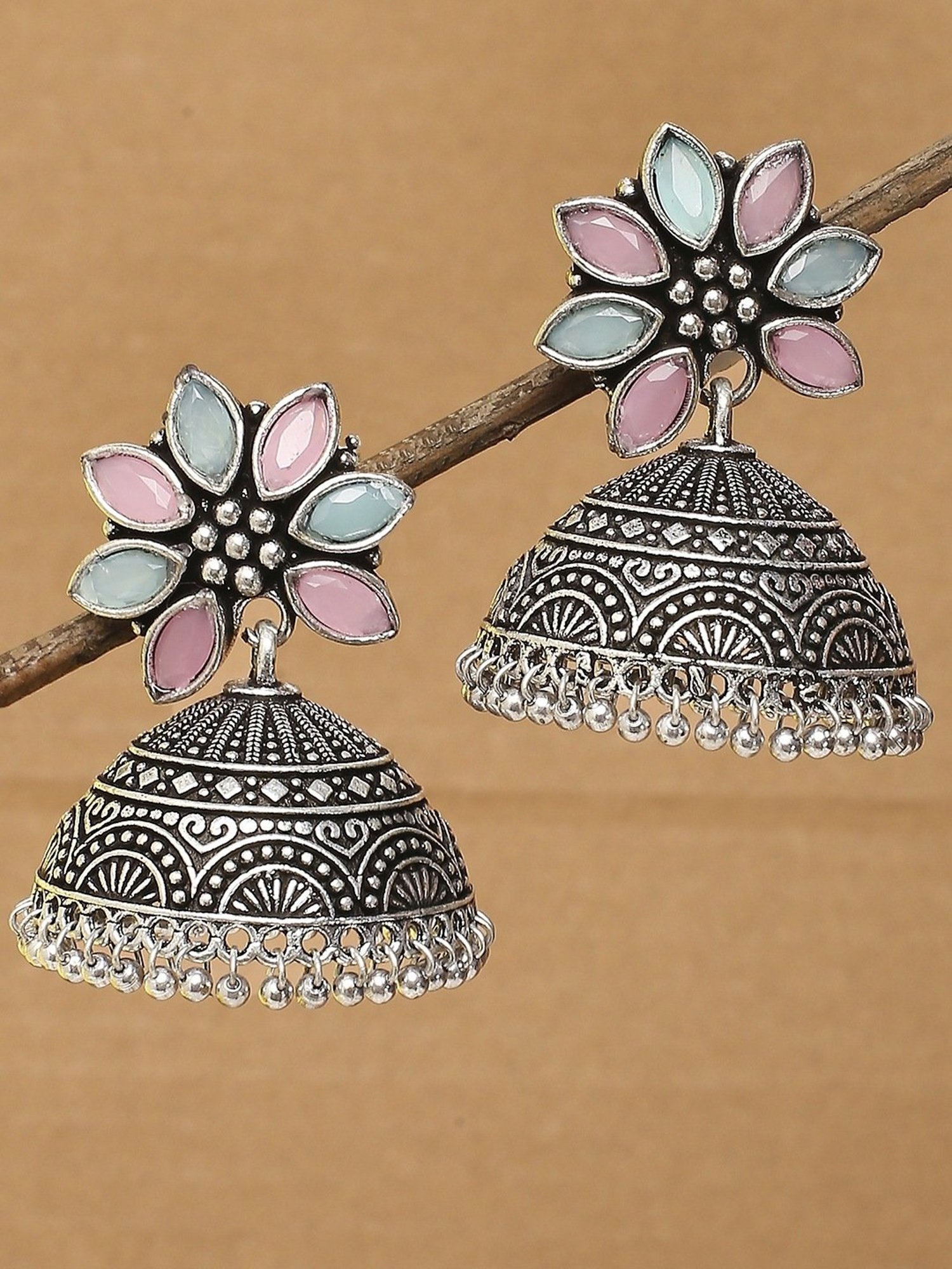 OOMPH Jewellery Oxidized Silver Look Alike Green & Pink Stone Floral Ethnic Jhumki