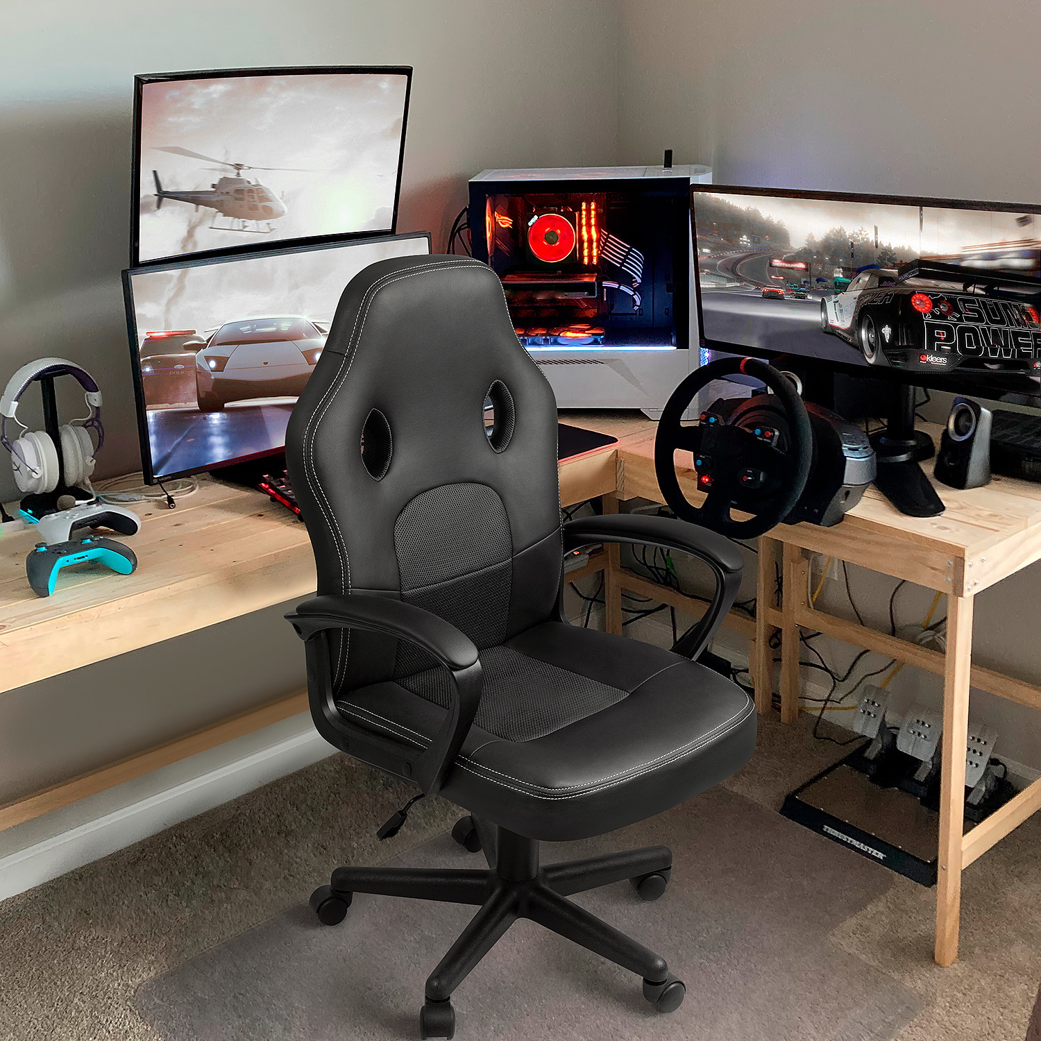 Furmax Office Desk Leather Gaming, High Back Ergonomic Adjustable Racing Task Swivel Executive Computer Chair Headrest and Lumbar Support (Black)