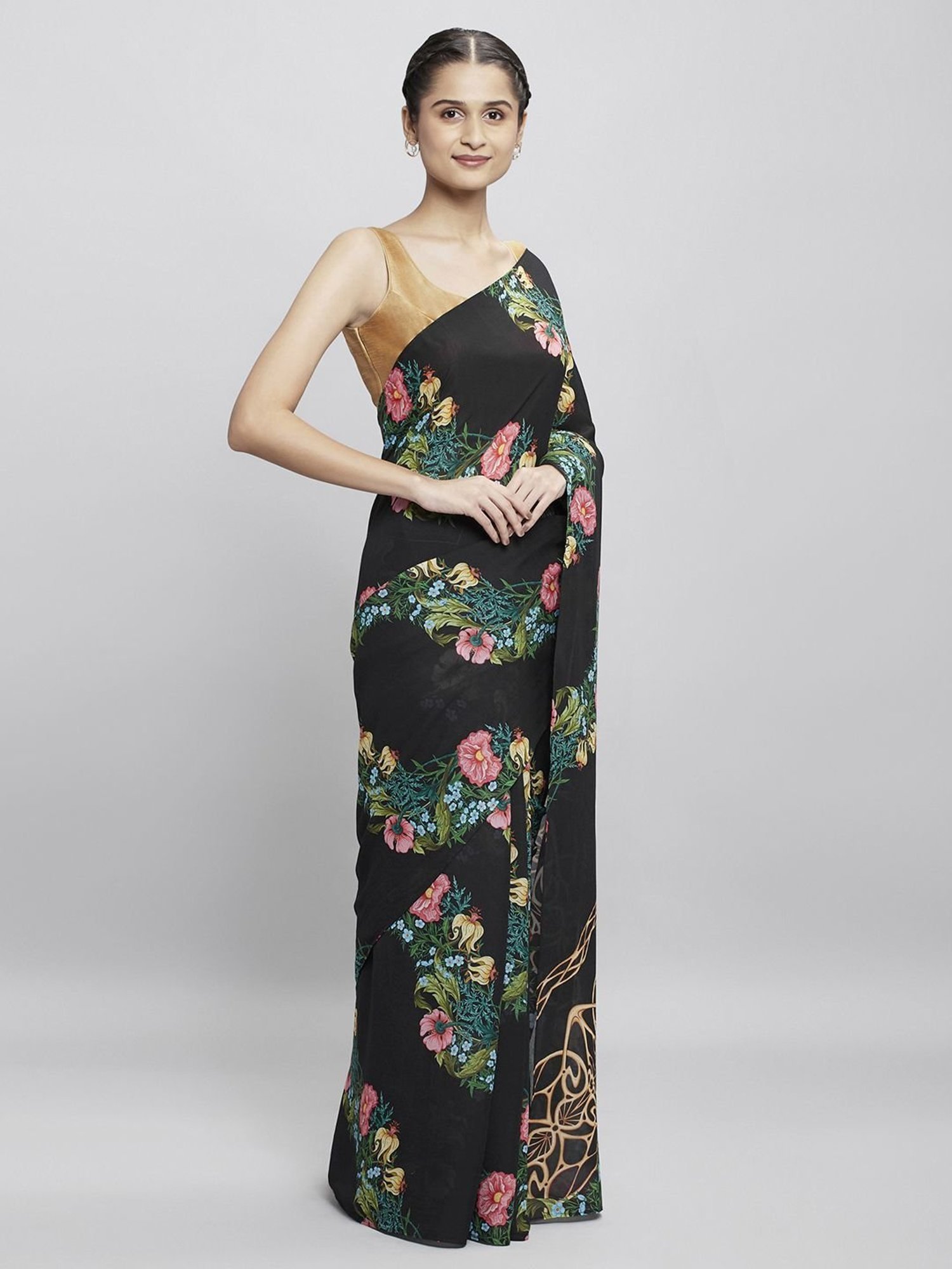 navyasa by liva Black Floral Print Saree With Unstitched Blouse
