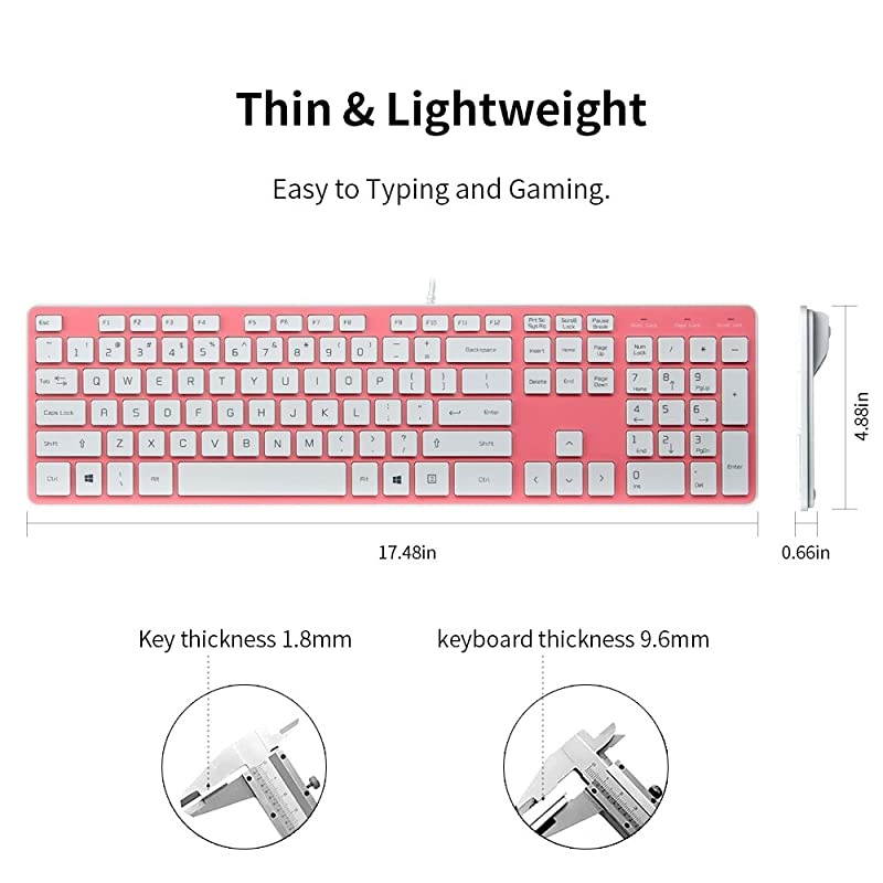 Wired USB Keyboard Comfortable Quiet Chocolate Keys Durable UltraSlim Wired Computer Keyboard For PC Windows 10 8 7 Vista KB1430 Pink