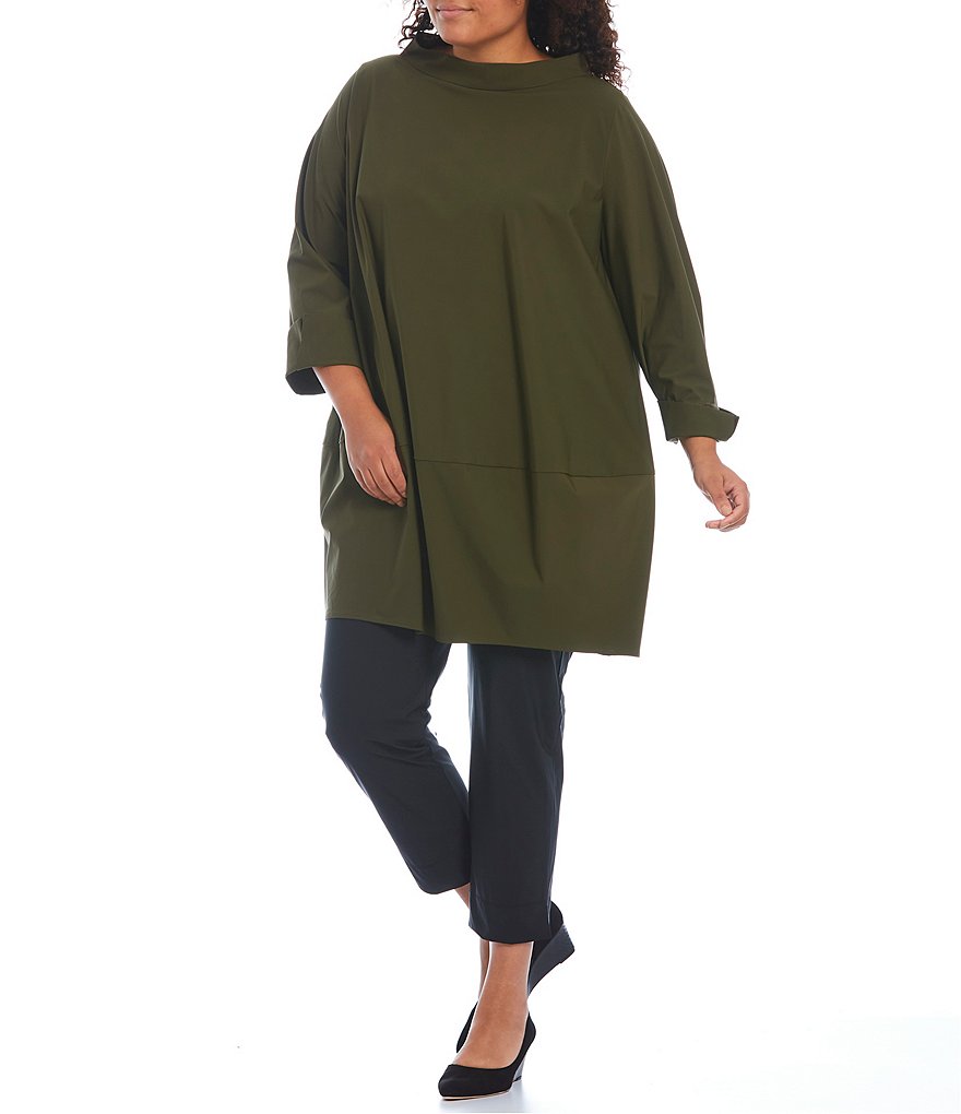 IC Collection Plus Size Stretch Woven Funnel Neck Stand Collar 3/4 Sleeve Tunic