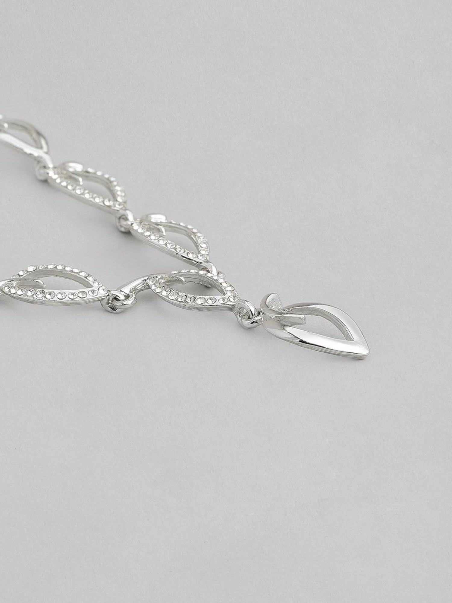 Estele Rhodium-Plated Leafy Necklace & Earring Set with Crystals for Women