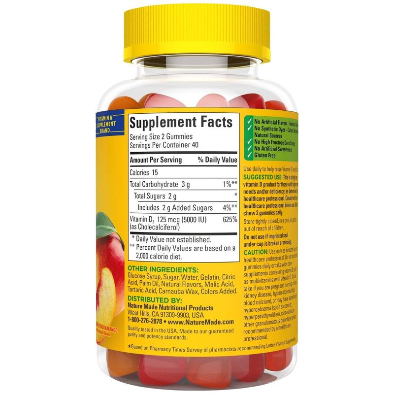 Nature Made Extra Strength Vitamin D3 5000 IU (125 mcg) Gummies - Strawberry, Peach & Mango - 80ct