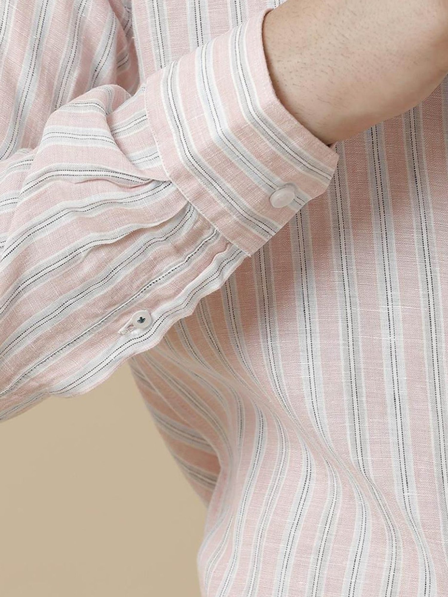 Linen Club Pink Linen Contemporary Fit Striped Shirt