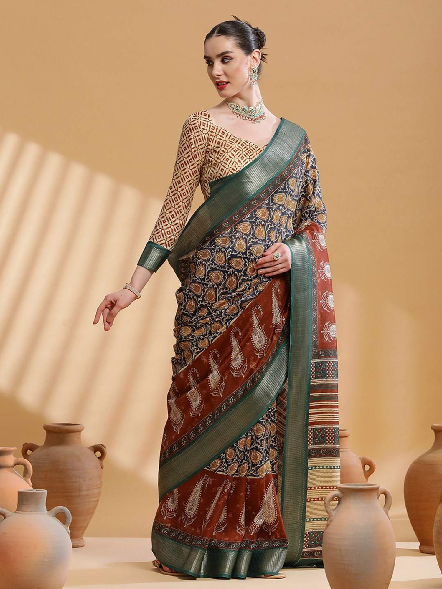 Saree Mall Navy Printed Saree With Unstitched Blouse