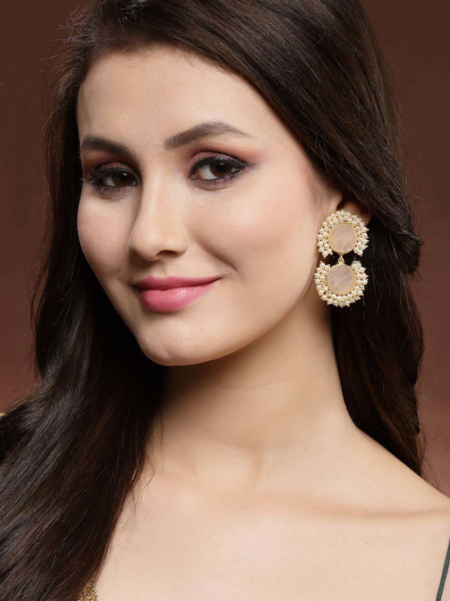 Panash Gold-Plated White Stone & Pearls Handcrafted Dangler Earrings