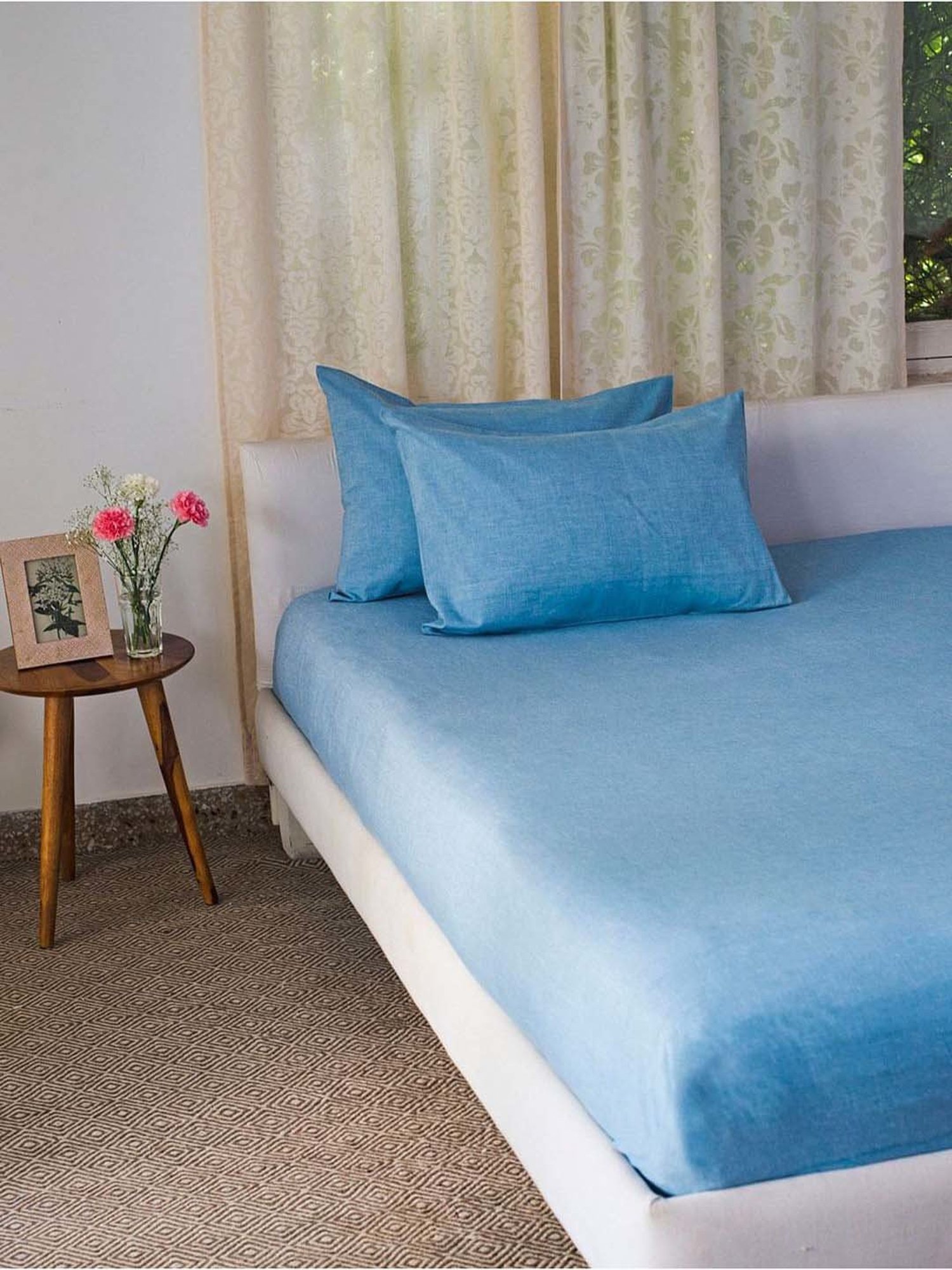 Fabindia Blue Cotton 92 TC Single Bed Sheet With Pillow Cover