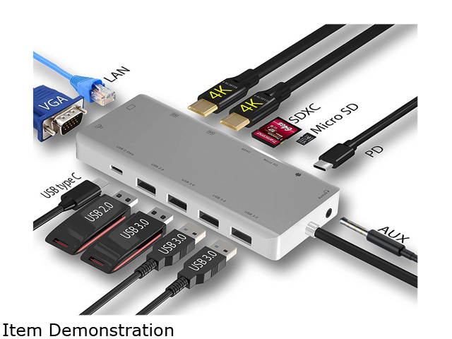 NOV8Tech USB C Hub Docking Station Type C Adapter 13 in 1 Triple Display Screen 2X 4K HDMI & VGA, 100W PD Charger, USB C, Ethernet, Audio, SD/Micro SD, 3X USB 3.0 for All USB C Devices Like MacBook