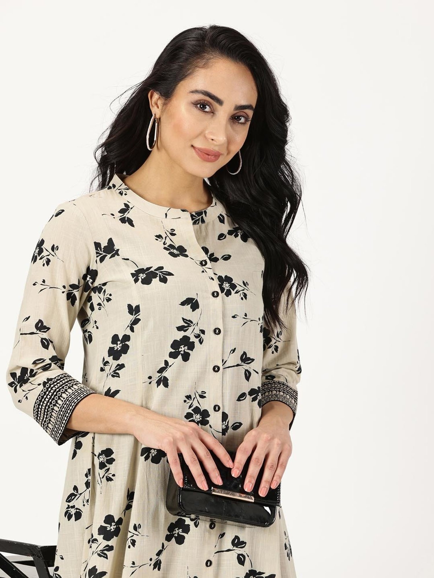 Saffron Threads Beige Cotton Floral Print A Line Kurta