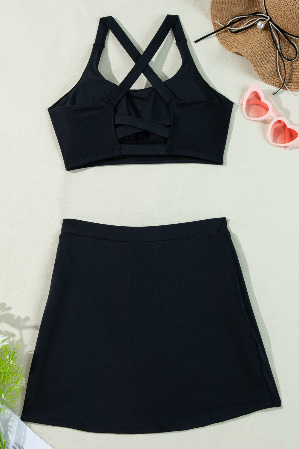 Black Plain Crossover Bikini Tank and Skort Swimwear