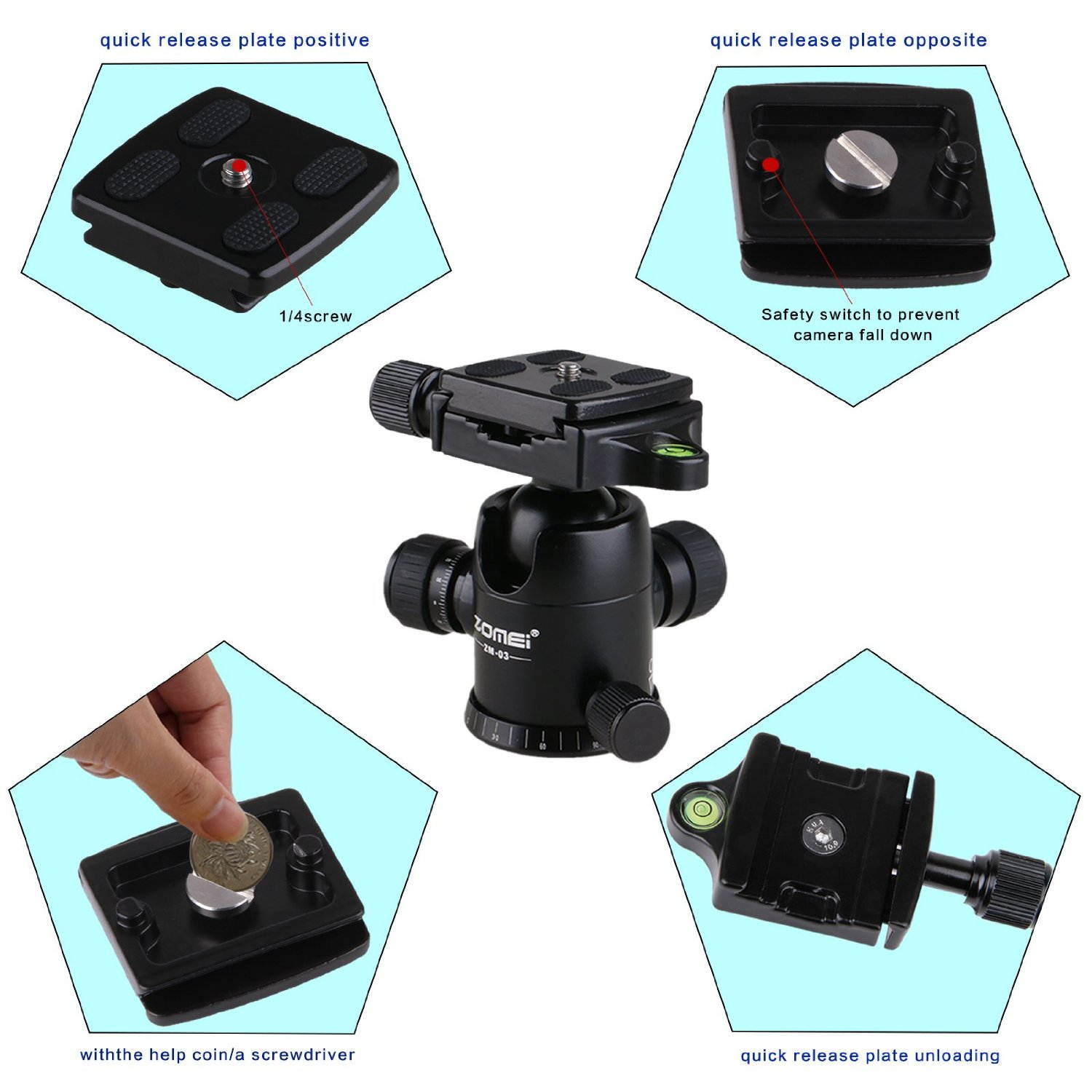 ZOMEi ZM-03 Photography Tripod Ball Head (Updated Version) Ballhead+Quick Release Plate Pro Camera Tripod Max to 8KG