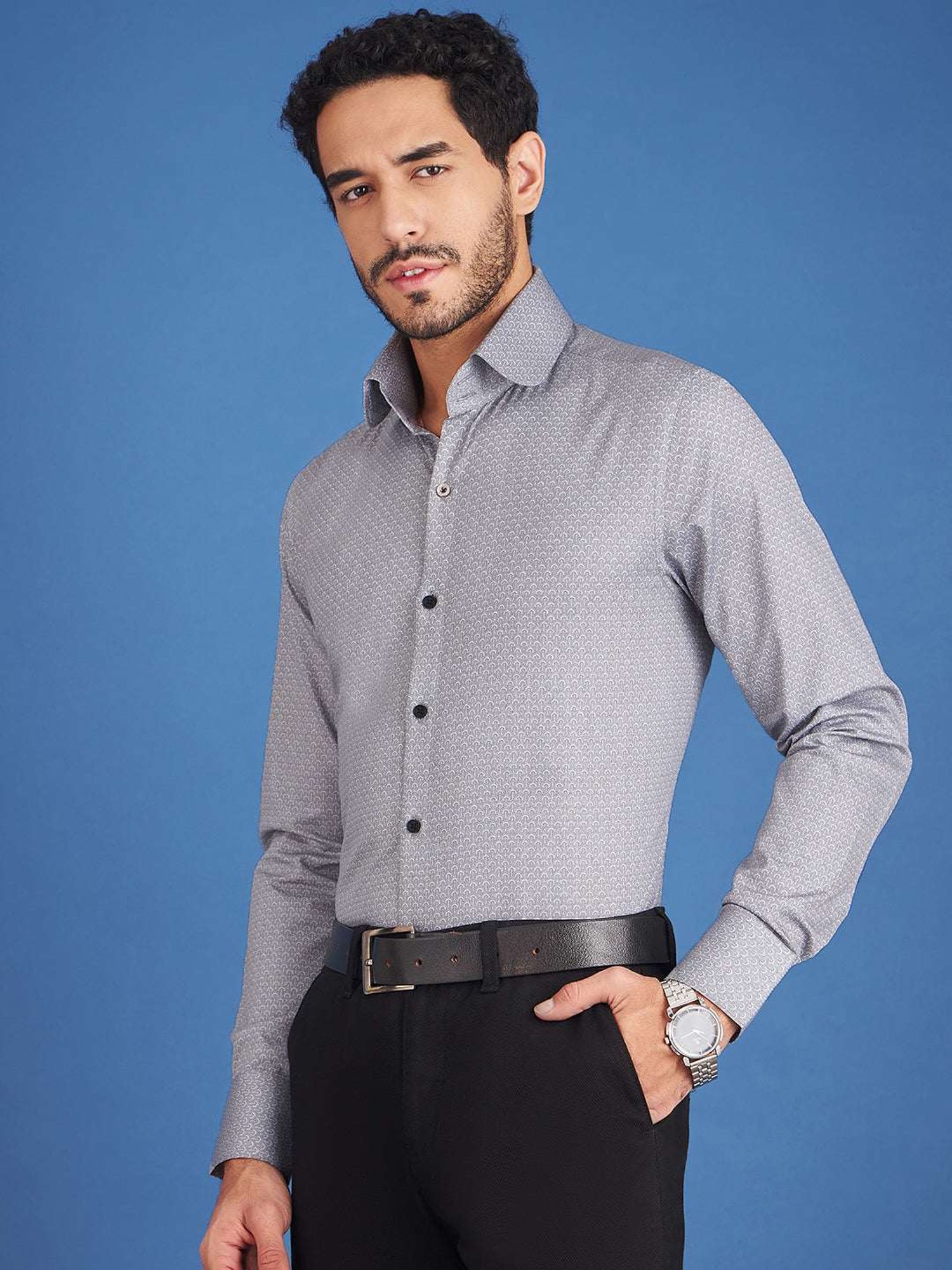 Louis Stitch Grey Cotton Regular Fit Printed Shirt