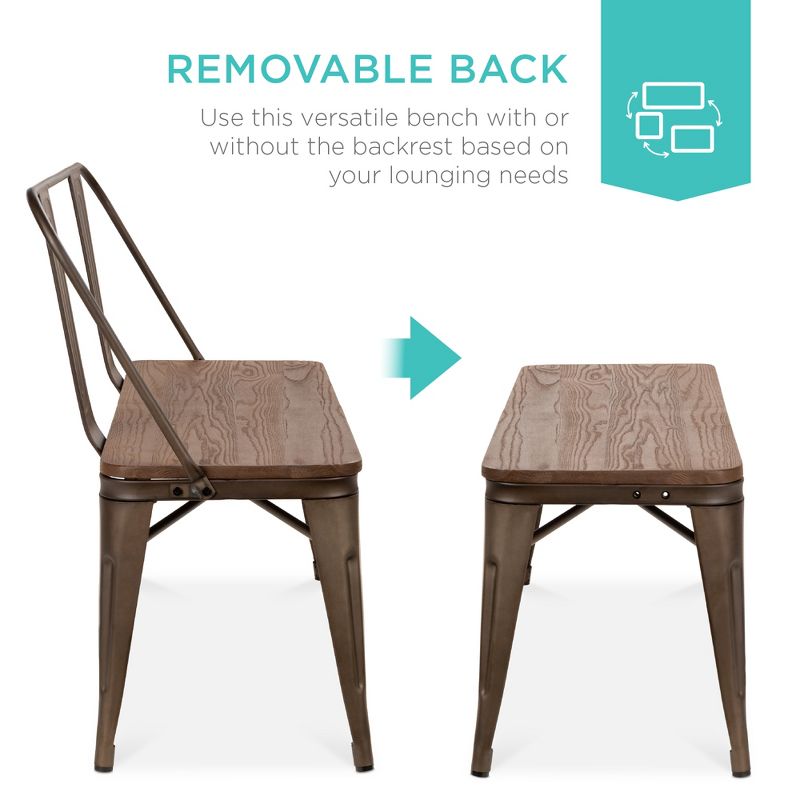 Best Choice Products 42in Industrial Metal Rustic Farmhouse Dining Bench w/ Wooden Seat, Removable Backrest - Espresso