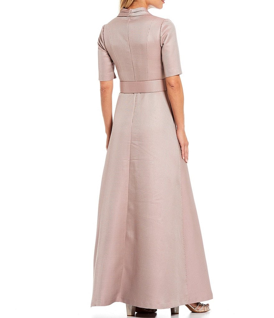 Kay Unger London Portrait Collar A-Line V-Neck Elbow Sleeve Jumpsuit Belted Gown