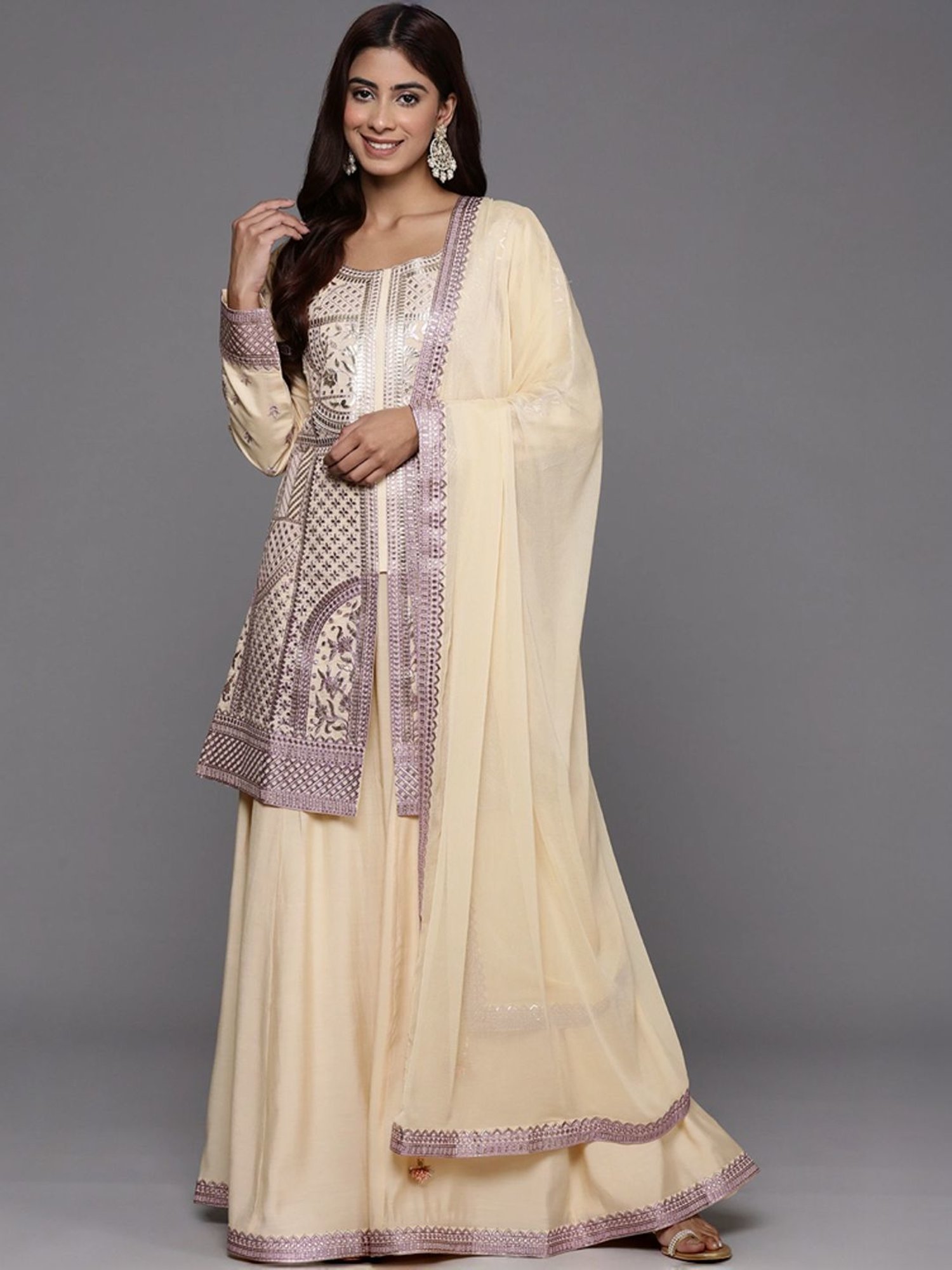 Libas Art Beige Embroidered Kurti Palazzo Set With Dupatta
