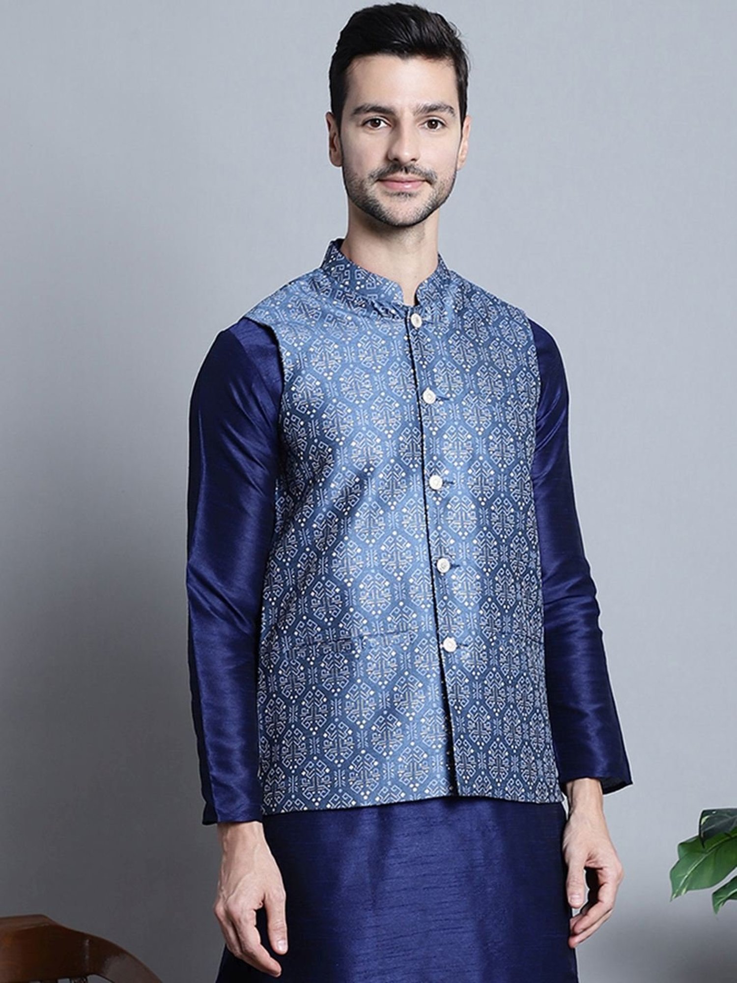 Jompers Blue  Regular Fit Printed Nehru Jacket