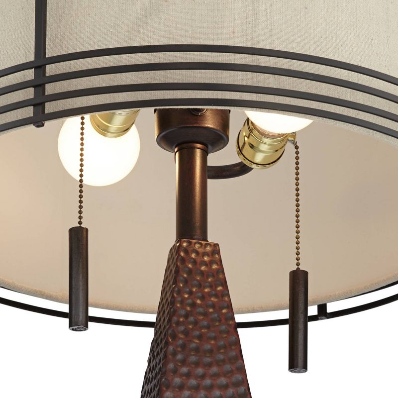 Franklin Iron Works Industrial Table Lamp with USB Charging Port Rustic Hammered Bronze Double Shade for Living Room Bedroom Bedside Family