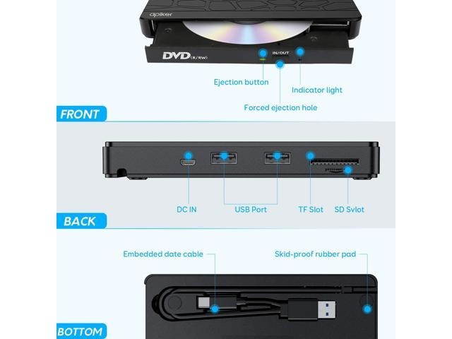 Apiker External DVD Drive, USB3.0 CD DVD +/-RW Burner for Laptop, Optical Disk Drive with SD Slot, Type C Cord and Carrying Case, Multi-Functional, for PC Desktop Mac Book Windows 10/8/7 Linux OS