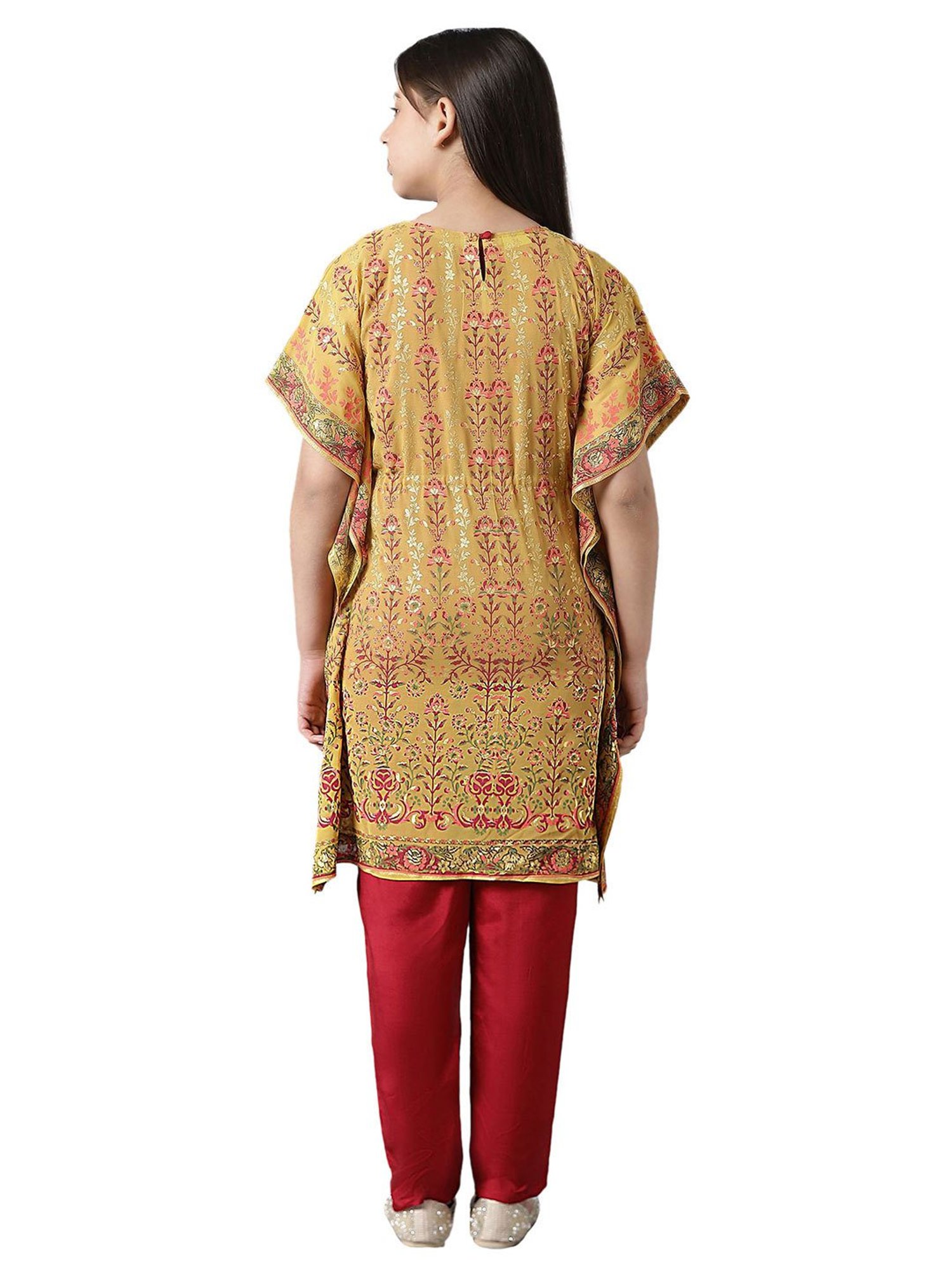 Aurelia Kids Mustard & Red Floral Print Kaftan with Inner & Trousers