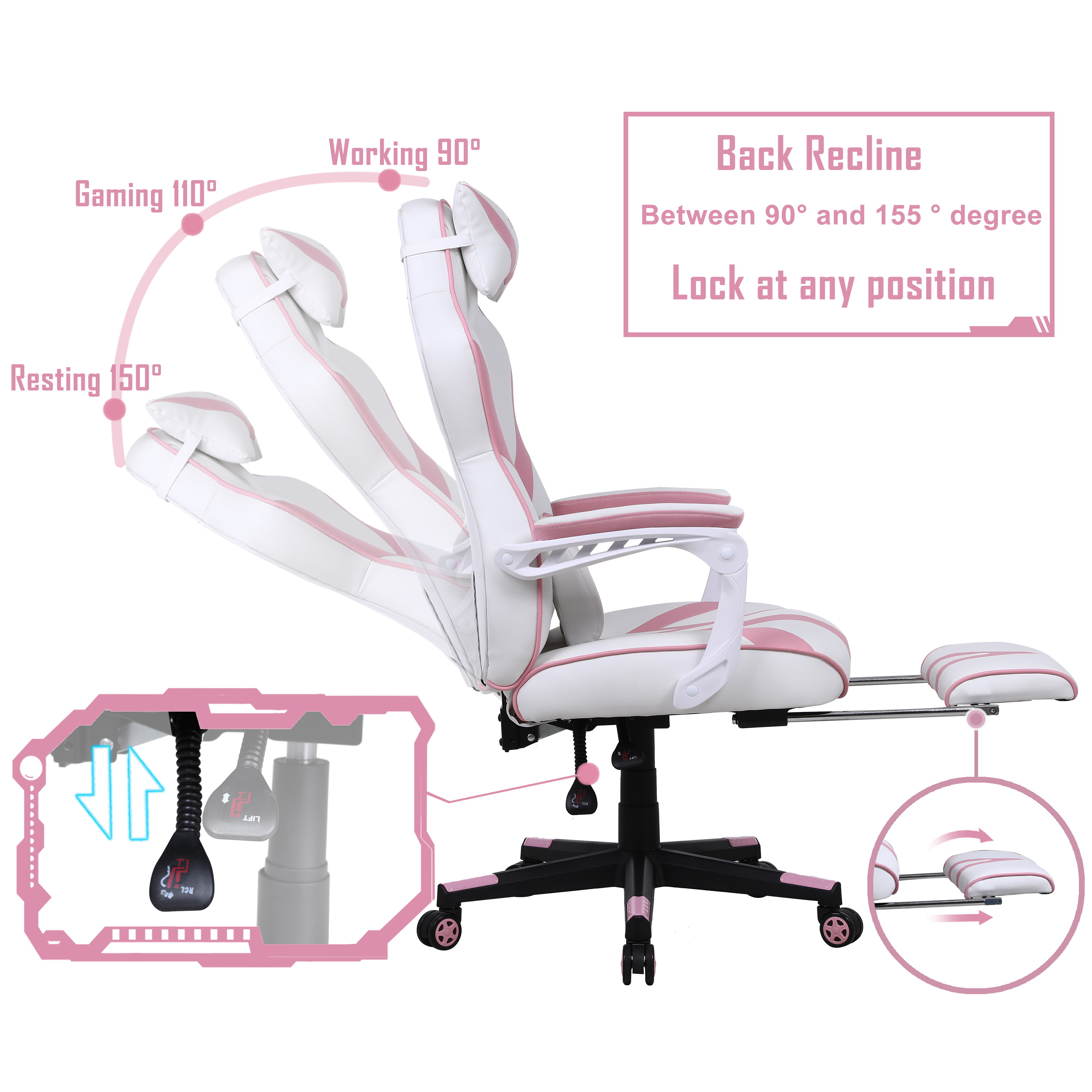 Zeanus Pink Ergonomic Gaming Chair for Girl, Gaming Chair with Footrest, Gaming Chair for Adults, High Back Racing Chair, Computer Chair with Massage, E-Sports Gamer Chair, Big and Tall Gaming Chair