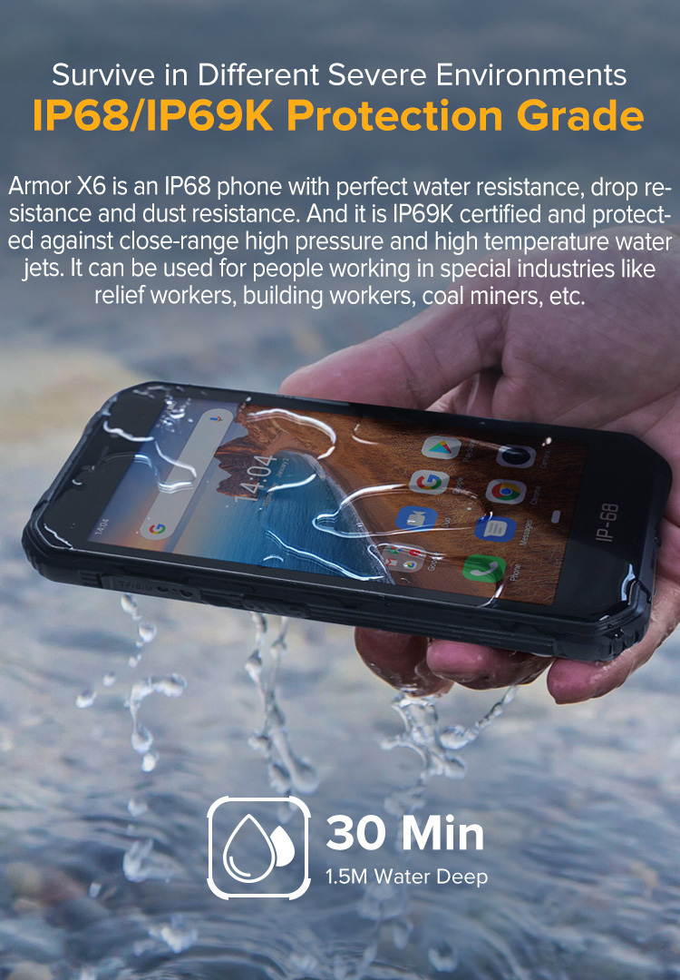 Ulefone Armor X6 Rugged Smartphone Unlocked, IP68 Waterproof Cell Phone, 5.0 inch, Android 9.0 2GB+16GB, 4000mAh Battery, Global 3G Dual SIM, LED Light, Face ID Compass+GPS Shockproof