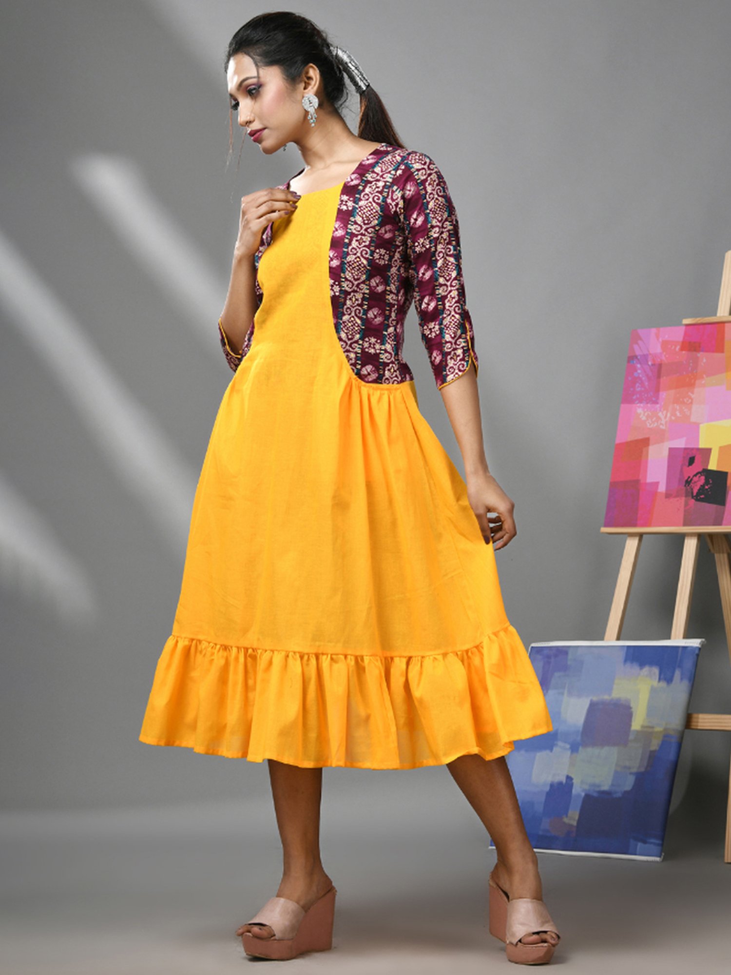 CHARUKRITI Yellow Cotton Printed A-Line Dress With Jacket