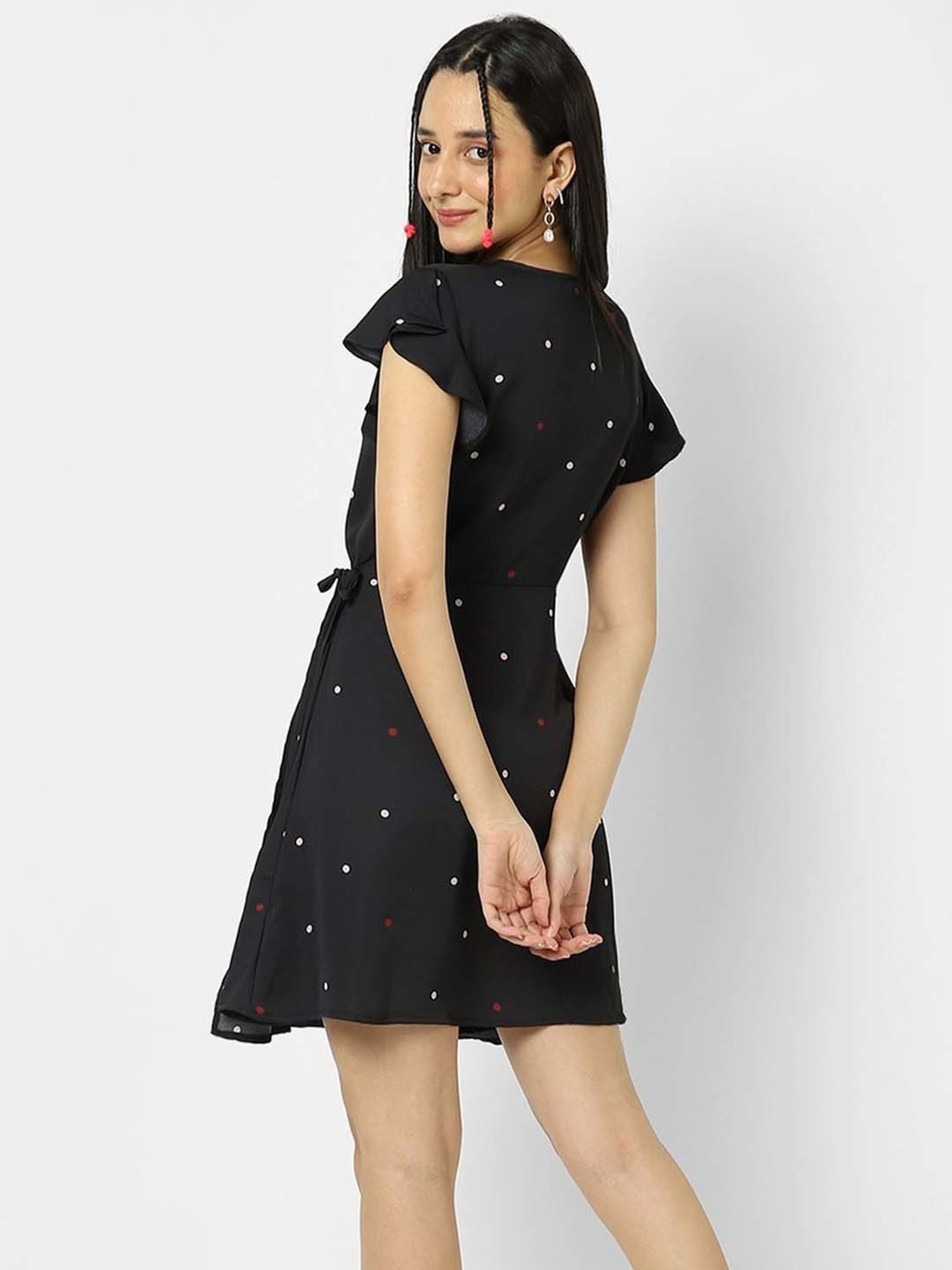 VASTRADO Black Polka Dots A-Line Wrap Dress