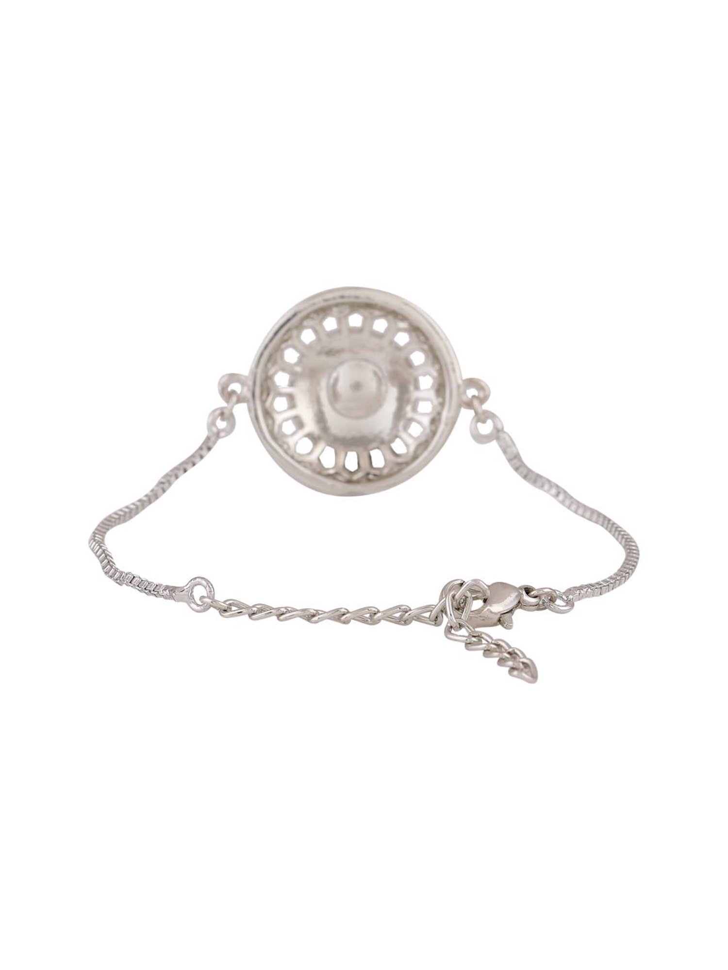 Estele Rhodium-Plated Red Enamel Om Bracelet with Crystals for Women