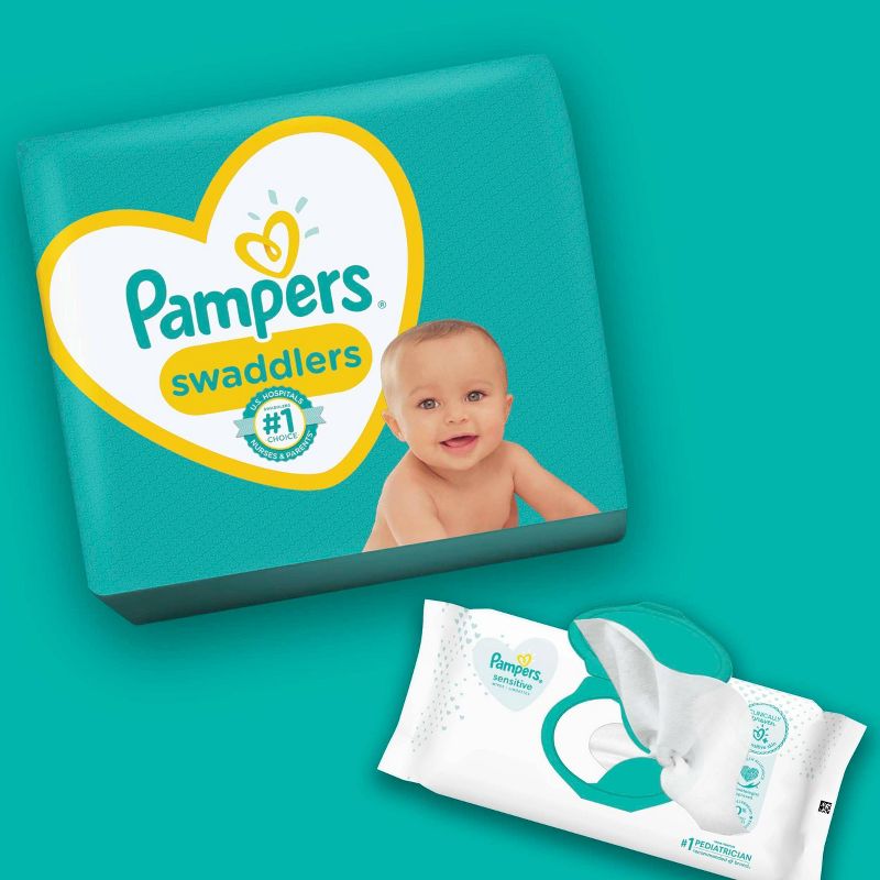 Pampers Swaddlers Disposable Diapers Size 1 - 168ct + Size 2 - 148ct & Pampers Sensitive Baby Wipes - 672ct - Bundle
