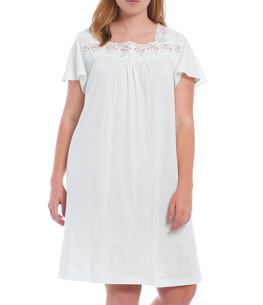 Miss Elaine Plus Solid Pointelle Knit Nightgown