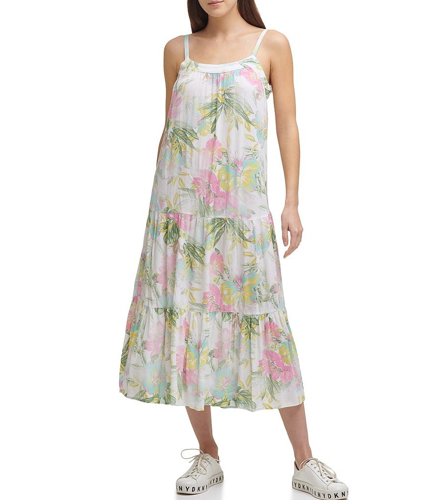 DKNY Jeans Floral Print Tiered Sleeveless Maxi Swing Dress