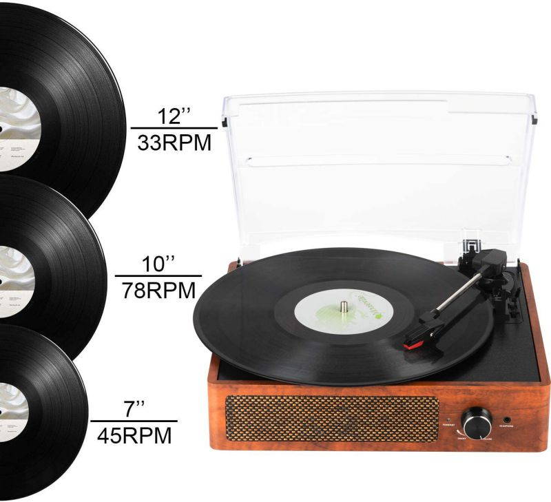 Bluetooth Record Player Belt-Driven 3-Speed Turntable, Vintage Vinyl Record Players Built-in Stereo Speakers, with Headphone Jack/ Aux Input/ RCA Line Out